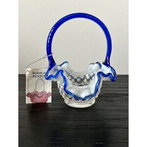 VTG Fenton Blue Opalescent Hobnail Glass Basket with Ruffled Edge New Old Stock
